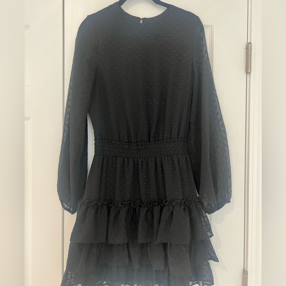 Express Ruffle Tiered Long Sleeve Dot Black Dress